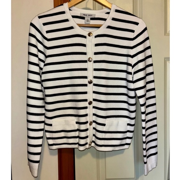Nine West Striped Navy Blue and White Cardigan - Picture 1 of 4